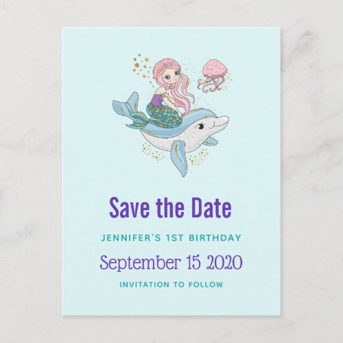 Mermaid Riding a Dolphin Fantasy Save the Date Invitation Postcard