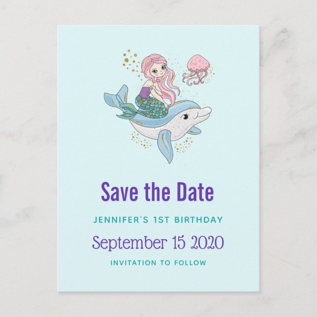 Mermaid Riding a Dolphin Fantasy Save the Date Invitation Postcard (Front)