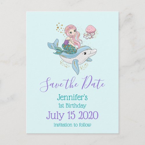 Mermaid Riding a Dolphin Fantasy Save the Date Invitation Postcard