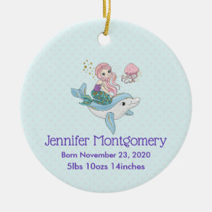Mermaid Riding a Dolphin Under the Sea Baby Birth Ceramic Ornament