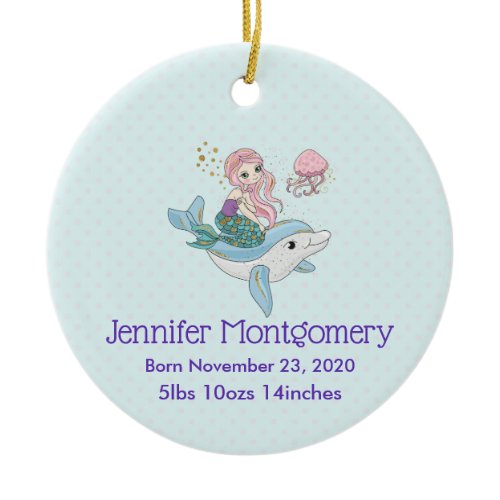 Mermaid Riding a Dolphin Under the Sea Baby Birth Ceramic Ornament