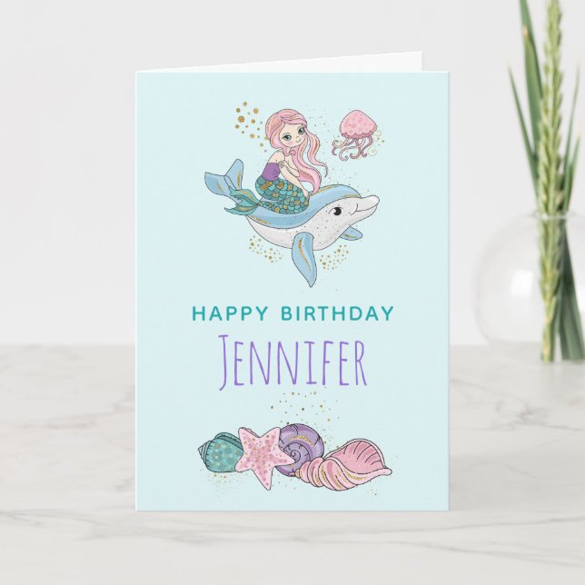 Mermaid Riding a Dolphin Under the Sea Birthday Card (Front)