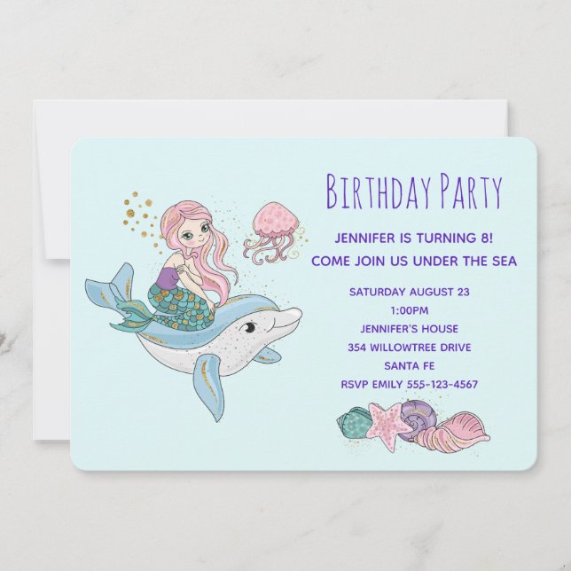 Mermaid Riding a Dolphin Under the Sea Birthday In Invitation (Front)
