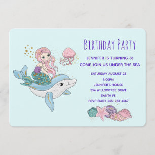 Mermaid Riding a Dolphin Under the Sea Birthday In Invitation