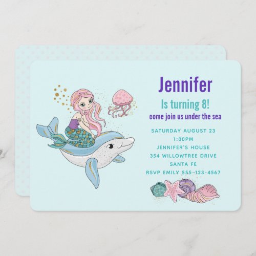 Mermaid Riding a Dolphin Under the Sea Birthday Invitation