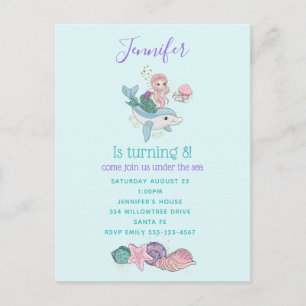 Mermaid Riding a Dolphin Under the Sea Birthday Invitation Postcard
