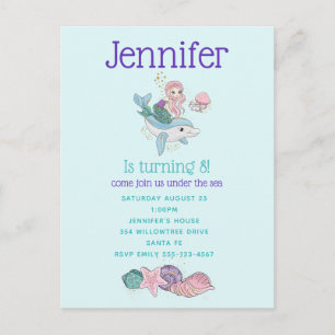 Mermaid Riding a Dolphin Under the Sea Birthday Invitation Postcard