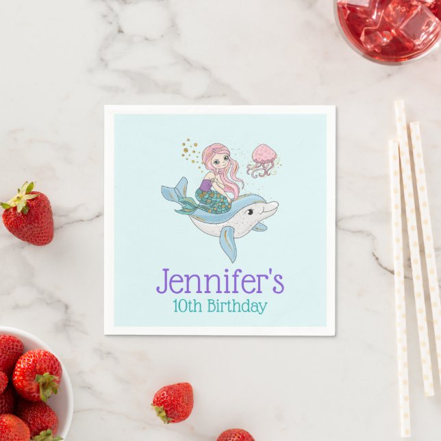 Mermaid Riding a Dolphin Under the Sea Birthday Napkins (Insitu)