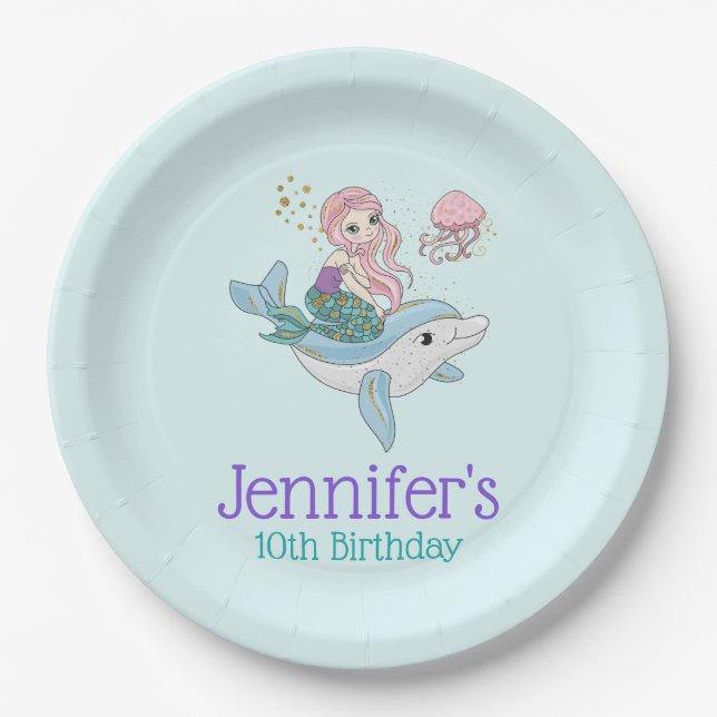 Mermaid Riding a Dolphin Under the Sea Birthday Paper Plates (Front)