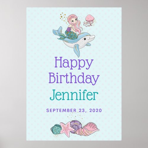 Mermaid Riding a Dolphin Under the Sea Birthday Poster