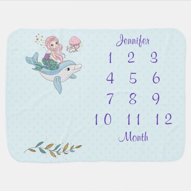Mermaid Riding a Dolphin Under the sea  Milestone Baby Blanket (Horizontal)