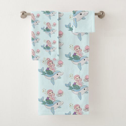 Mermaid Riding a Dolphin Under the Sea Pattern Bath Towel Set