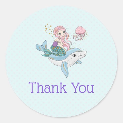 Mermaid Riding a Dolphin Under the Sea Thank You Classic Round Sticker
