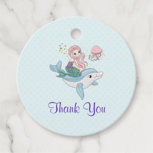 Mermaid Riding a Dolphin Under the Sea Thank You Favor Tags