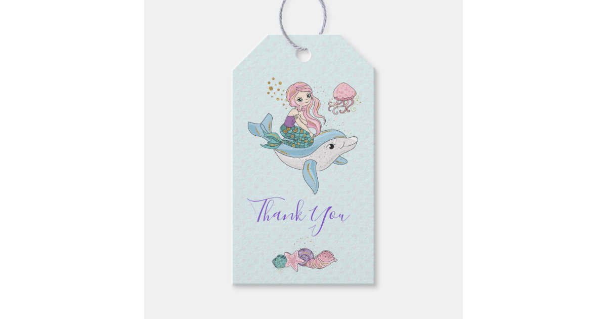 Mermaid Riding a Dolphin Under the Sea Thank You Gift Tags | Zazzle
