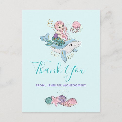 Mermaid Riding a Dolphin Under the Sea Thank You Postcard