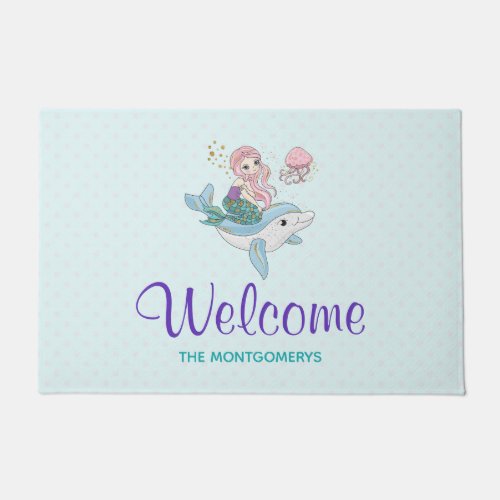 Mermaid Riding a Dolphin Under the Sea Welcome Doormat