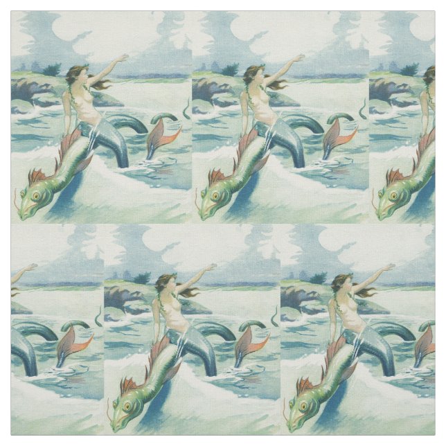 Mermaid Riding Sea Serpent Thunder_Cove  Fabric (Swatch)