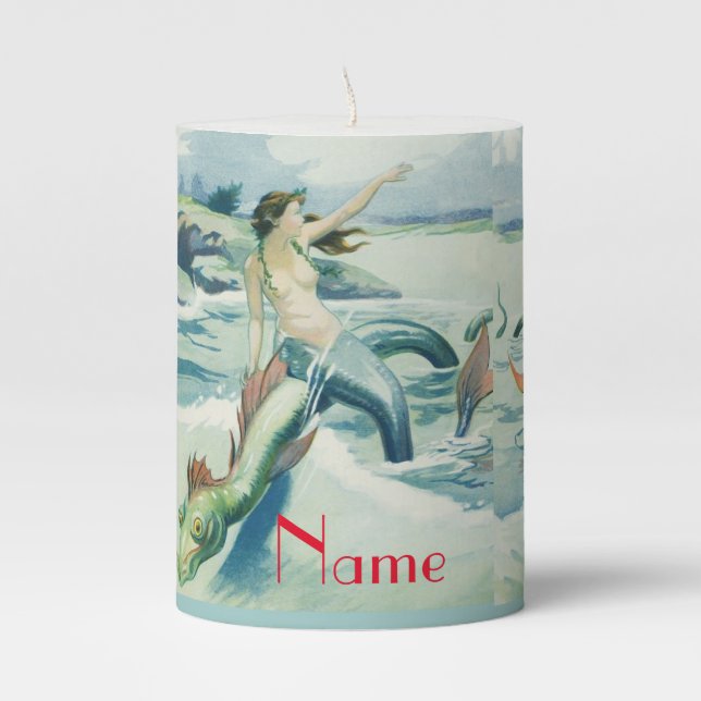 Mermaid Riding Sea Serpent Thunder_Cove  Pillar Candle (Front)