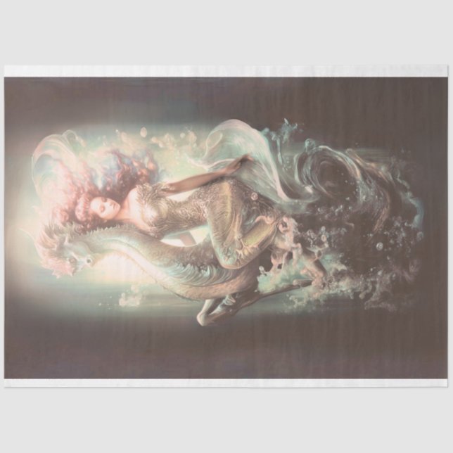 Mermaid Riding Seahorse Decoupage  Tissue Paper (Front)