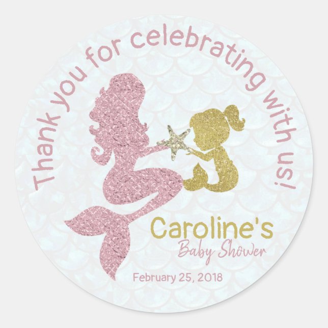 Mermaid Rose Gold Baby Shower Favor Sticker (Front)