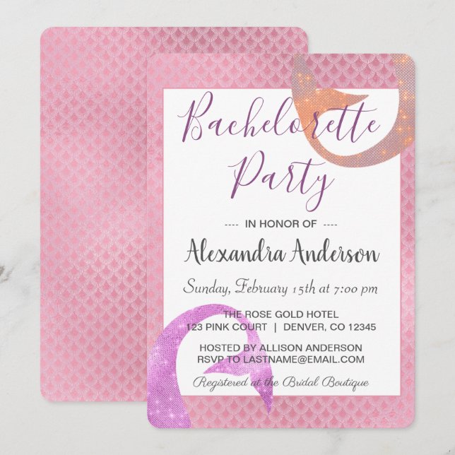 Mermaid Rose Gold Sparkle Bachelorette Party Invitation (Front/Back)