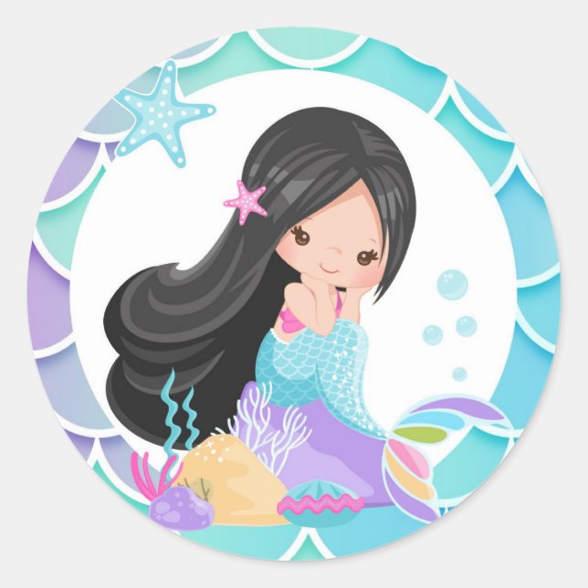 Mermaid round stickers Black hair (Front)