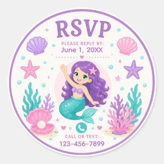 Mermaid RSVP Birthday Classic Round Sticker