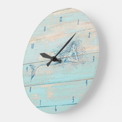 Mermaid Rustic Beach Wood Coastal Large Clock