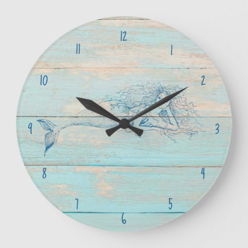 Mermaid Rustic Beach Wood Coastal Large Clock