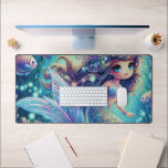 Mermaid’s Enchanted Underwater Realm Desk Mat<br><div class="desc">A beautifully illustrated mermaid sits amidst an enchanting underwater world, her shimmering iridescent tail glistening with intricate scale patterns. She is adorned with delicate seashells and elegant jewelry, while her flowing hair is crowned with an elaborate headdress made of flowers, pearls, and ocean treasures. Colorful fish swirl around her, weaving...</div>