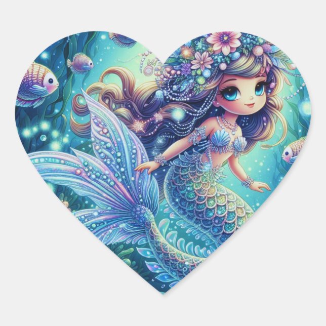 Mermaid’s Enchanted Underwater Realm Heart Sticker (Front)