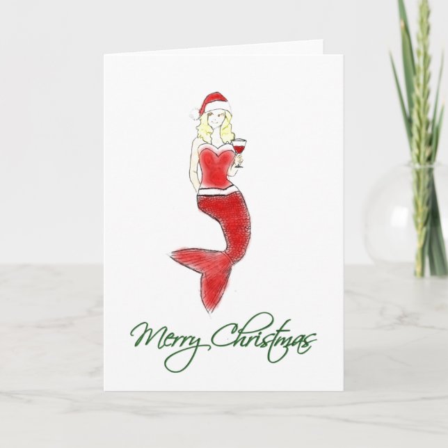 Mermaid Santa Hat Holiday Card (Front)