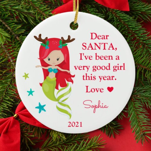 Mermaid Santa Ive Been Good Girl Photo Christmas Ceramic Ornament