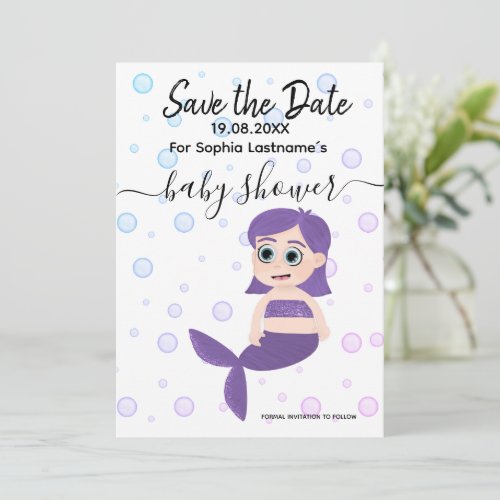 Mermaid save the date baby party in lila name invitation