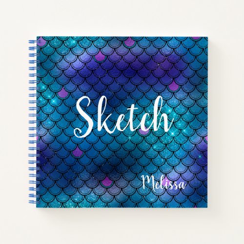 Mermaid Scale Blue Glitter Monogram Sketchbook Not Notebook
