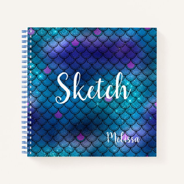 Mermaid Scale Blue Glitter Monogram Sketchbook Not Notebook (Front)