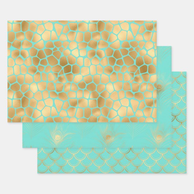 Mermaid scale, giraffe print and feathers wrapping paper sheets (Set)