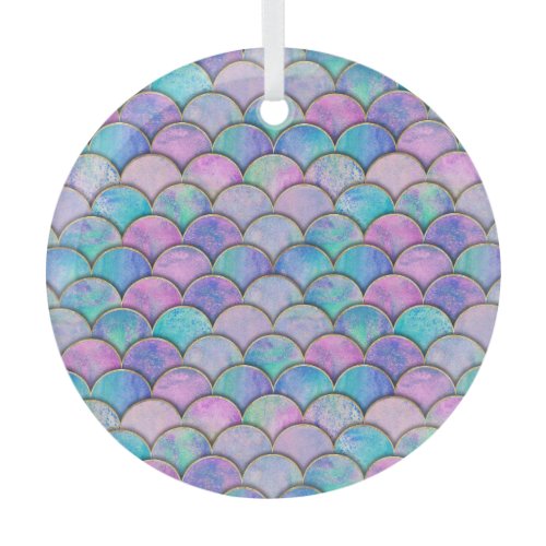 Mermaid Scale Japanese Watercolor Pattern Glass Ornament