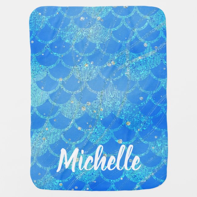 Mermaid Scale Pattern Glitter Blue Underwater Baby Blanket (Front)