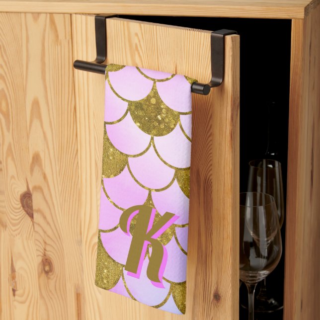 Mermaid Scale Pattern Purple Gold Glitter Initial Kitchen Towel (Thirds Fold)