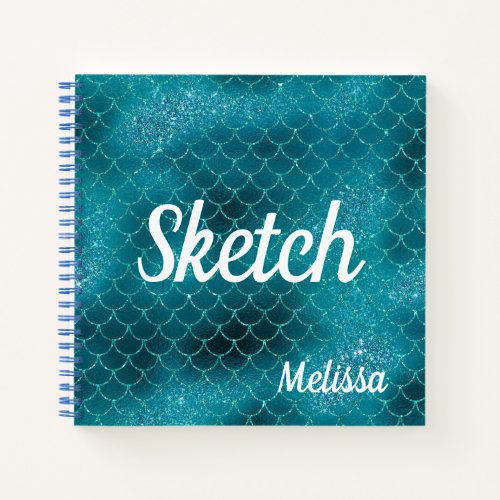 Mermaid Scale Teal Glitter Monogram Sketchbook Not Notebook