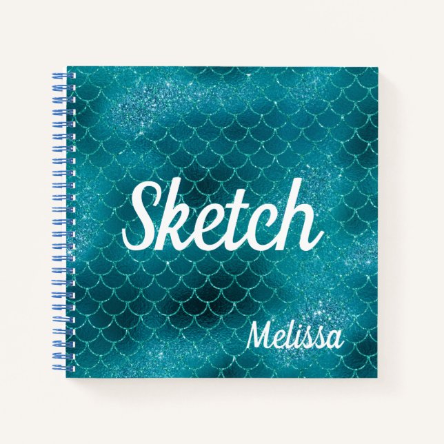 Mermaid Scale Teal Glitter Monogram Sketchbook Not Notebook (Front)
