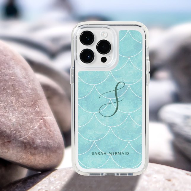 Mermaid Scales Aqua Blue Monogram Initial Name Speck iPhone Case (A fun mermaid tail pattern speck phone case with space for your initial or name.)