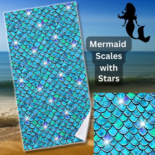 Mermaid Scales Aqua Blue with White Stars Beach Towel