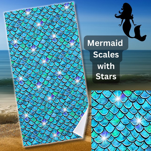 Mermaid Scales Aqua Blue with White Stars Beach Towel (Creator Uploaded)