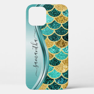 Mermaid Scales Aqua Handwritten Name Gold iPhone 12 Pro Case
