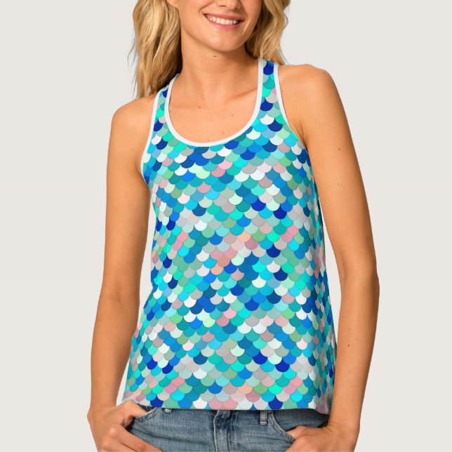 Mermaid Scales, Aqua, Shell Pink, and Cobalt Tank Top (Front)