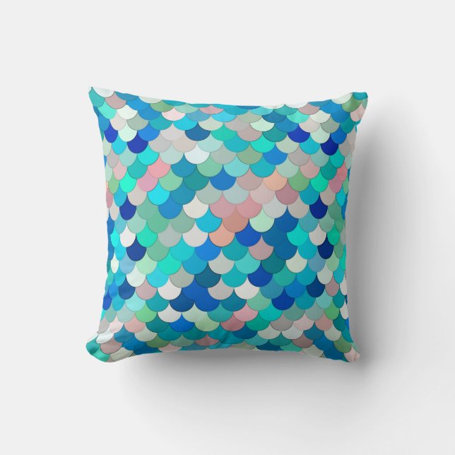 Mermaid Scales, Aqua, Shell Pink, and Cobalt Throw Pillow (Front)