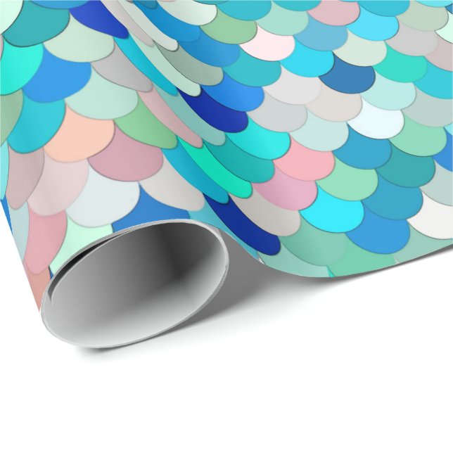 Mermaid Scales, Aqua, Shell Pink, and Cobalt Wrapping Paper (Roll Corner)